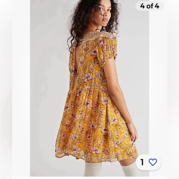 Free People Margot puff sleeve yellow printed dress size XS - Picture 3 of 10